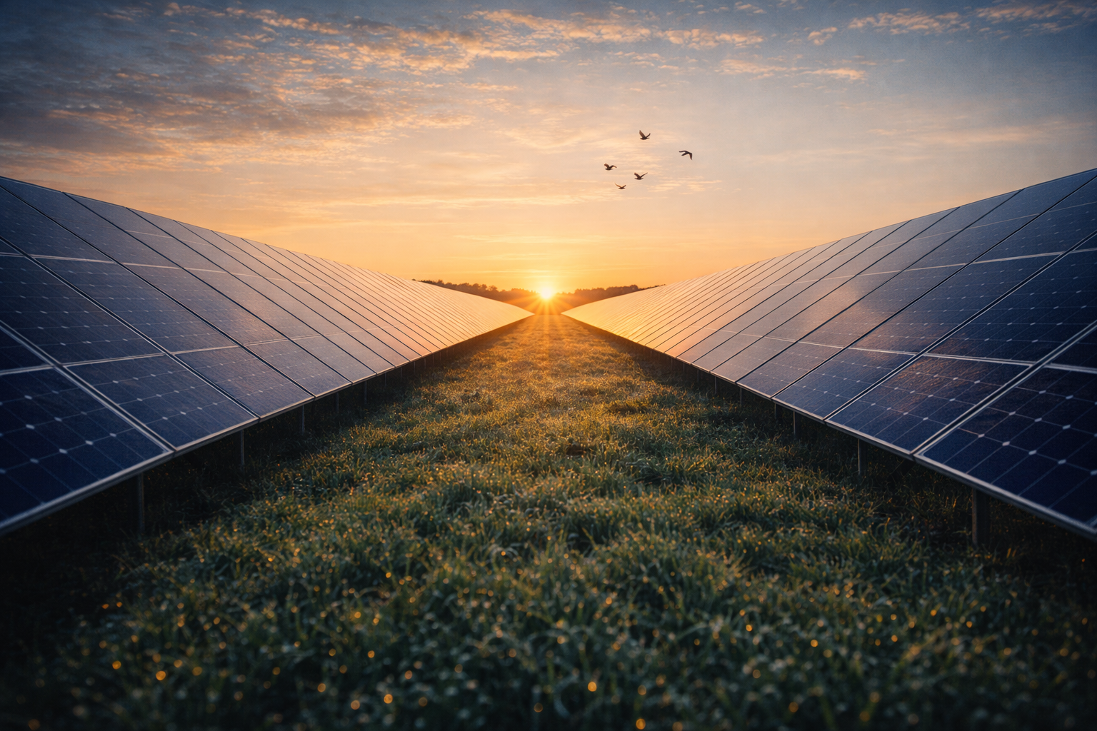 Sunrise between solar panel rows with golden rays and morning dew