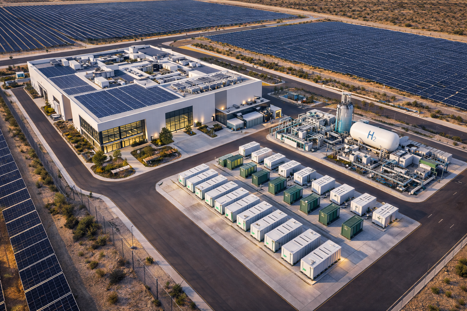 Architectural rendering of a renewable energy campus with solar arrays, BESS containers, hydrogen electrolysers, and a data center building