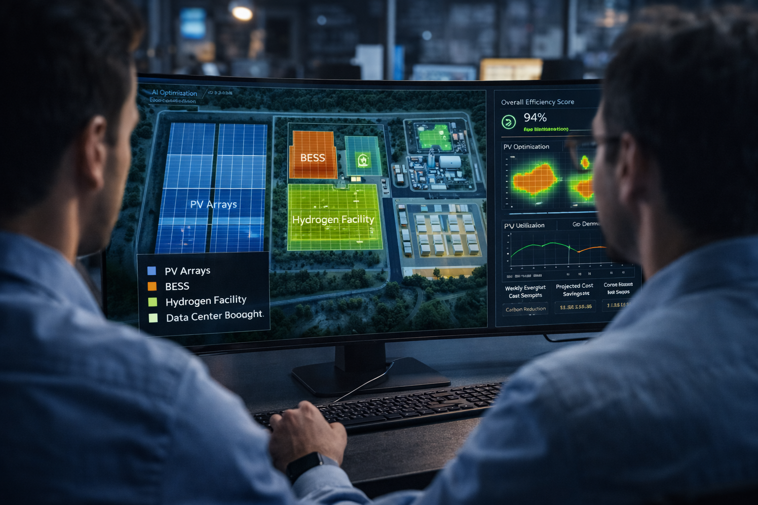 Engineers reviewing a solar farm layout on a large screen with AI-optimized placement algorithms