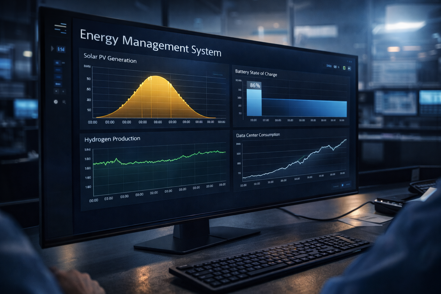 Real-time energy management dashboard showing PV generation, battery state of charge, hydrogen production, and data center load curves
