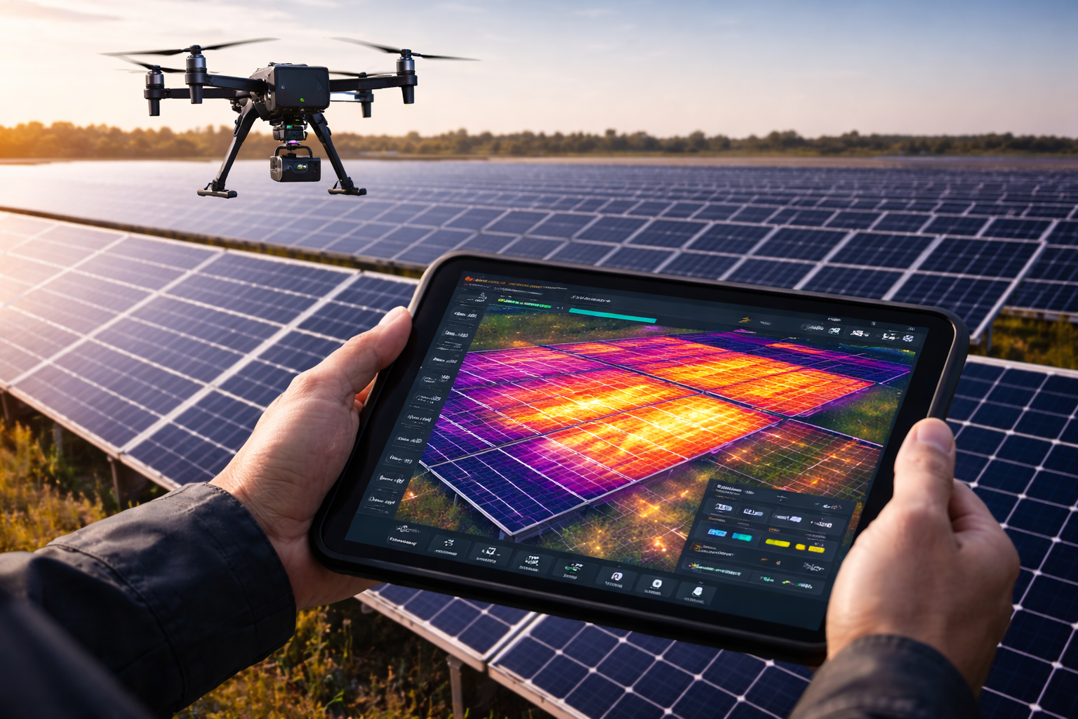 Thermal infrared drone image showing solar panel hotspot detection with AI-generated annotations highlighting defective cells