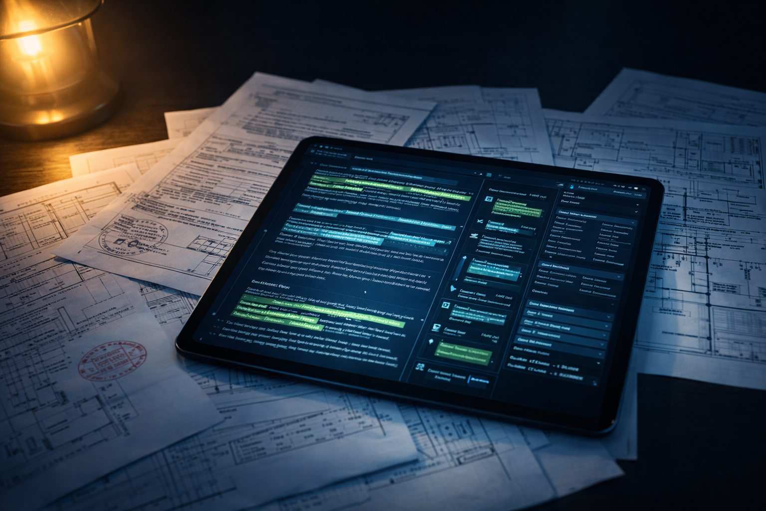 Technical documents being digitally extracted and analysed on a tablet screen