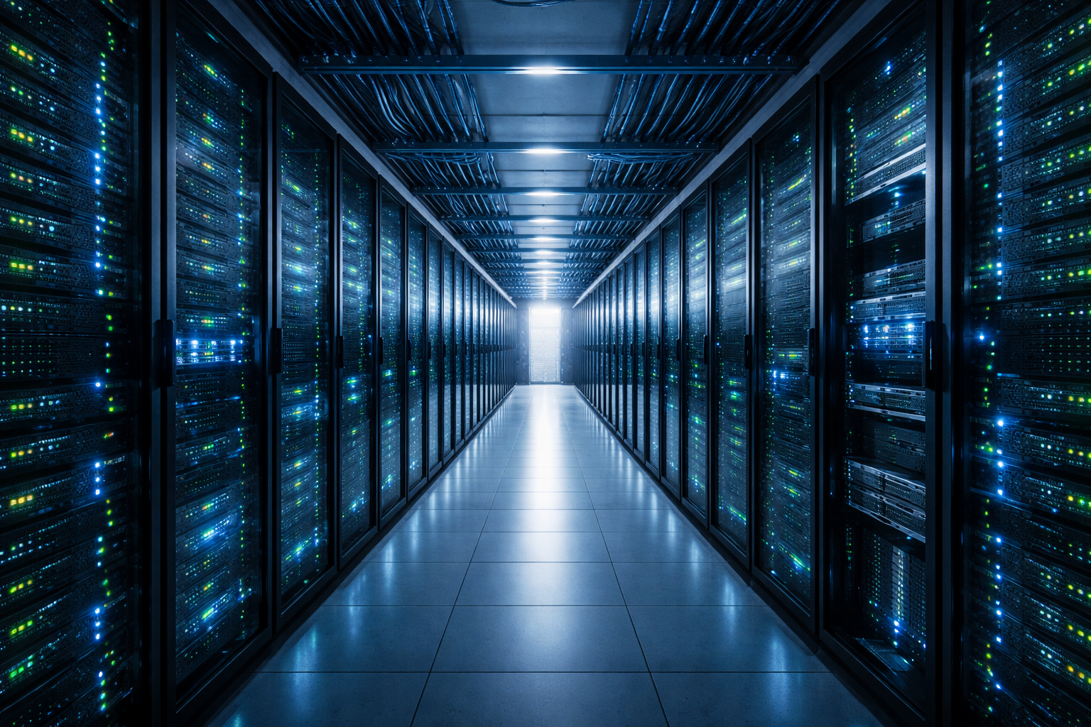 Server room corridor with glass-fronted racks and fiber optic cables conveying data infrastructure