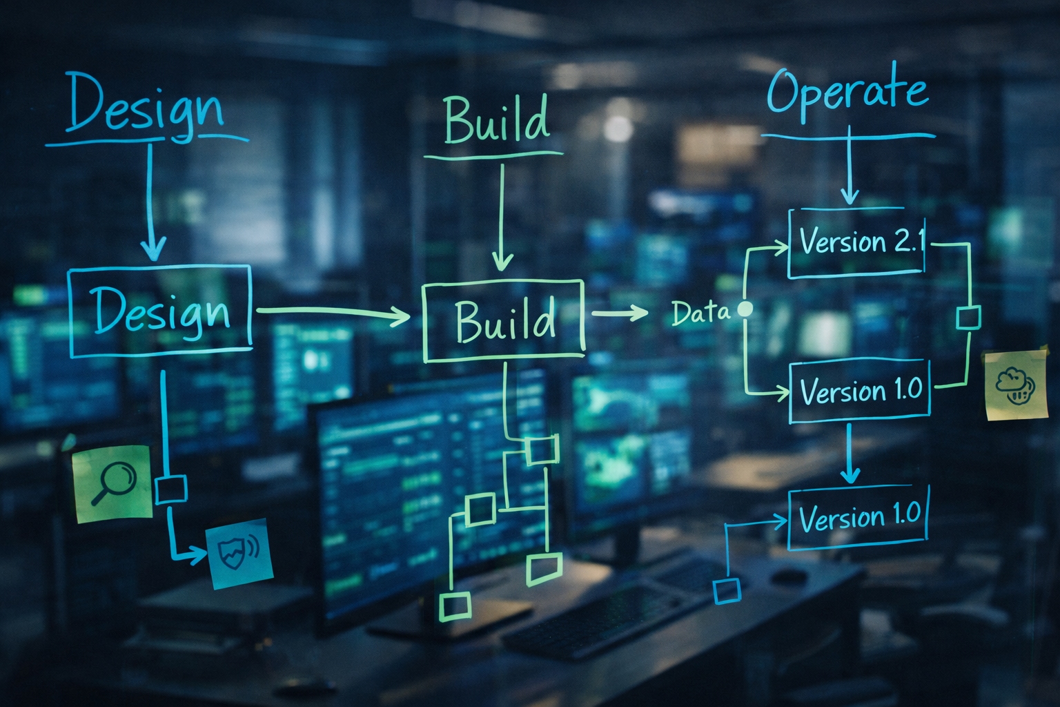 Glass whiteboard with connected flow diagrams showing design-to-operate data traceability