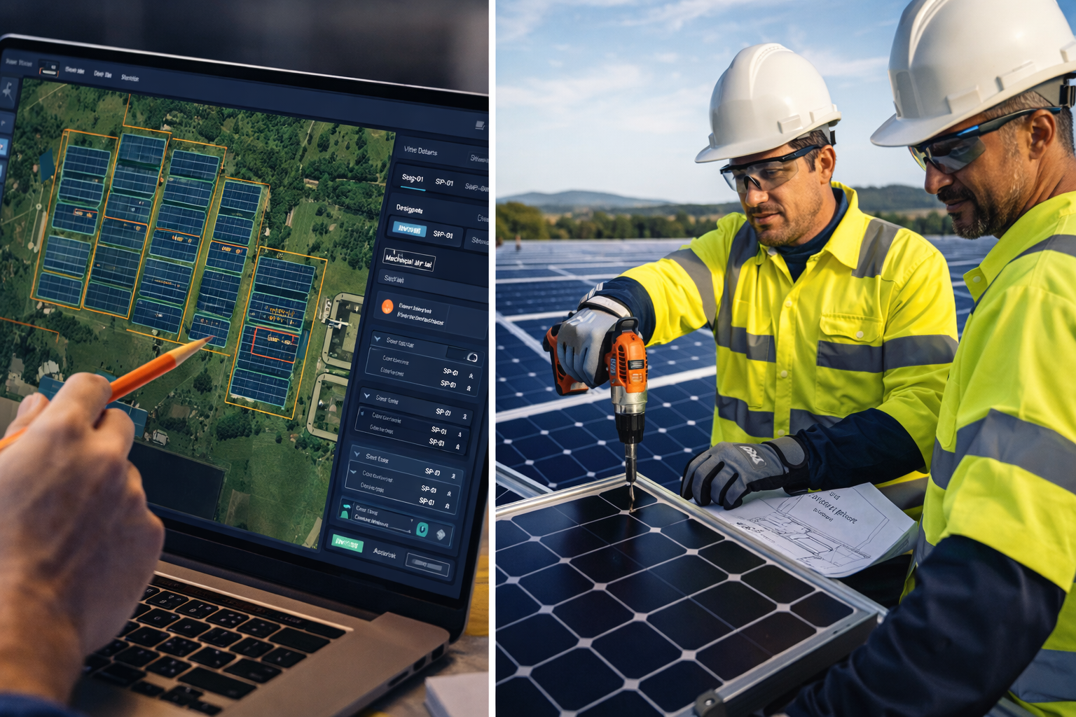 Split composition showing CAD drawing transitioning into real construction site