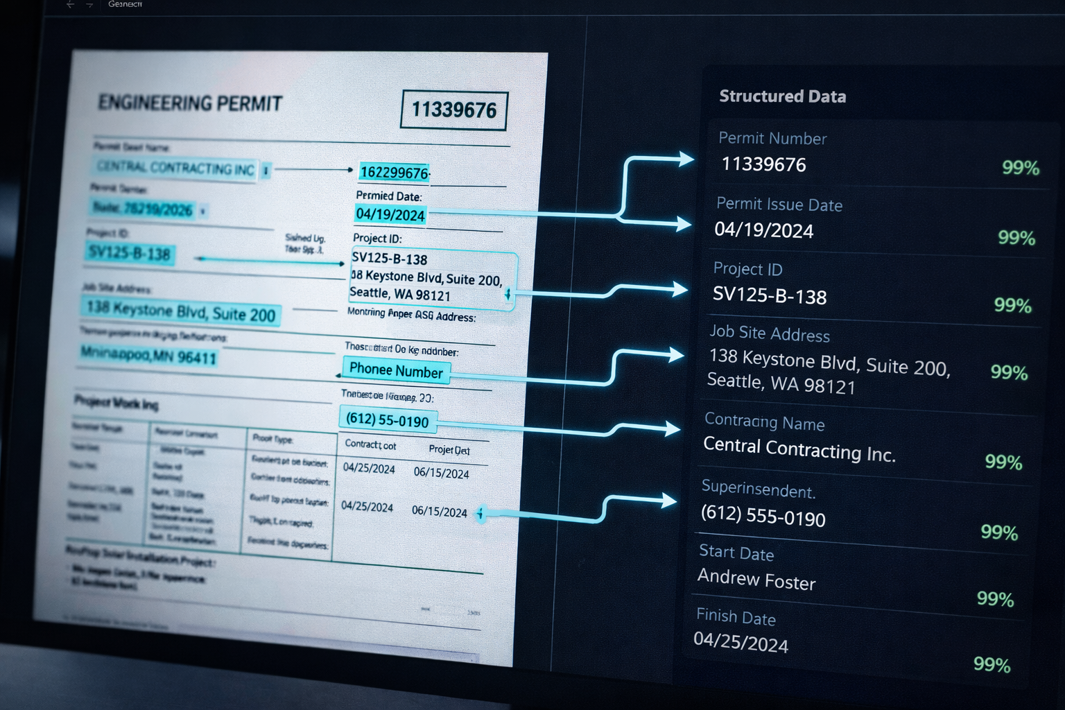 Close-up of screen showing document extraction interface with highlighted regions and structured data