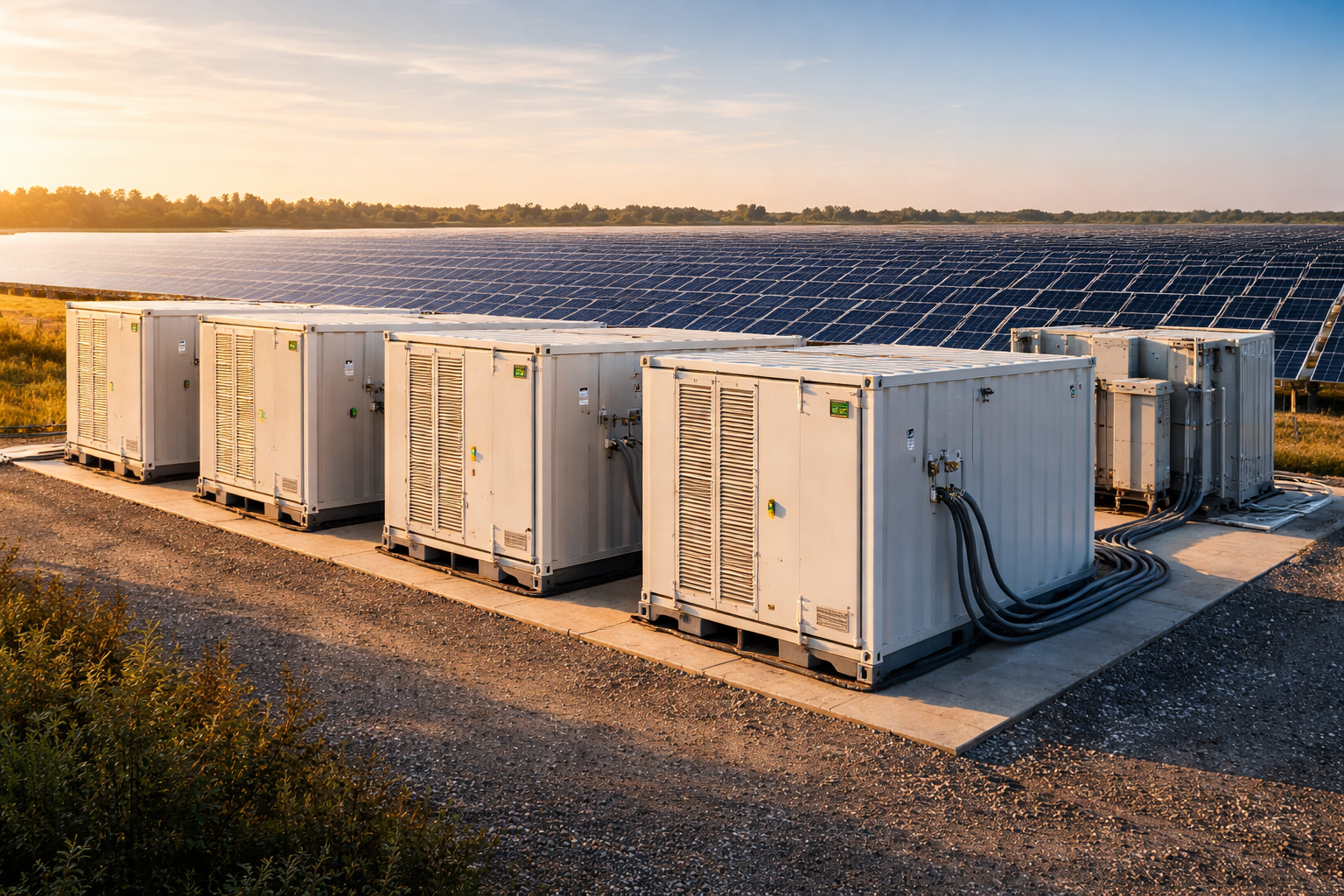 Battery energy storage containers installed alongside a utility-scale solar farm
